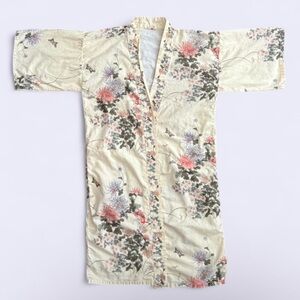 Vintage Japanese Pale Yellow Floral Butterfly Kimono Robe OS